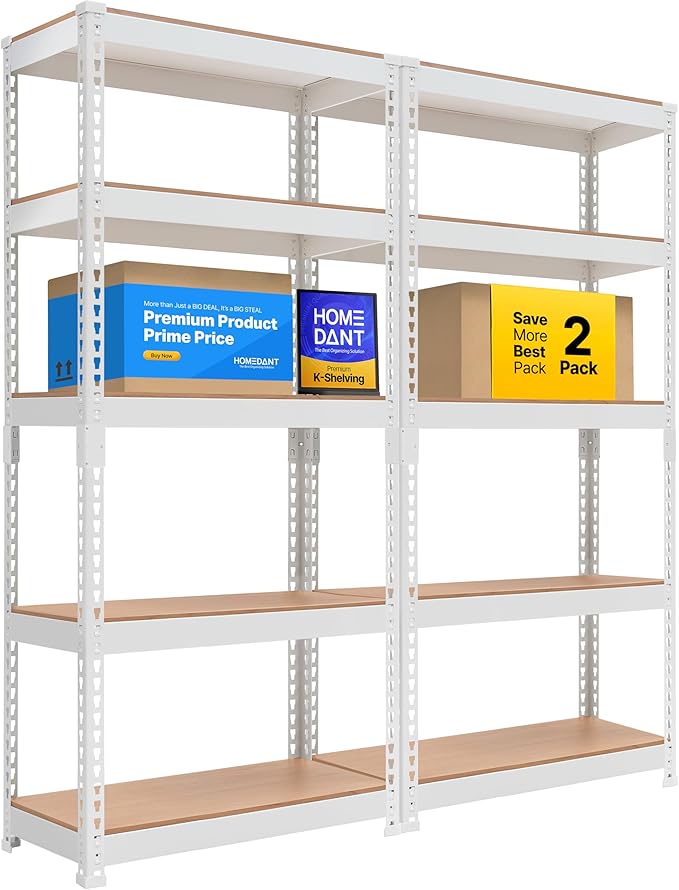 HOMEDANT 5 Tier Laminated White Boltless Metal Shelving Unit Adjustable Garage Storage Utility Rack Heavy Duty Shelves Organization Multipurpose Shelf Warehouse Pantry 28" W x 12.3" D x 59.5" H 2Pack