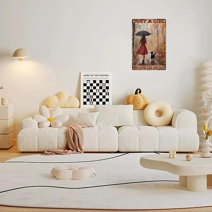 Metal Signs Just A Girl Who Loves Fall And Dogs Tin Signs Autumn Aluminum Sign for Living Room Bedroom Bar Cafe Yard Garden Office Wall Decor 12×8 Inch