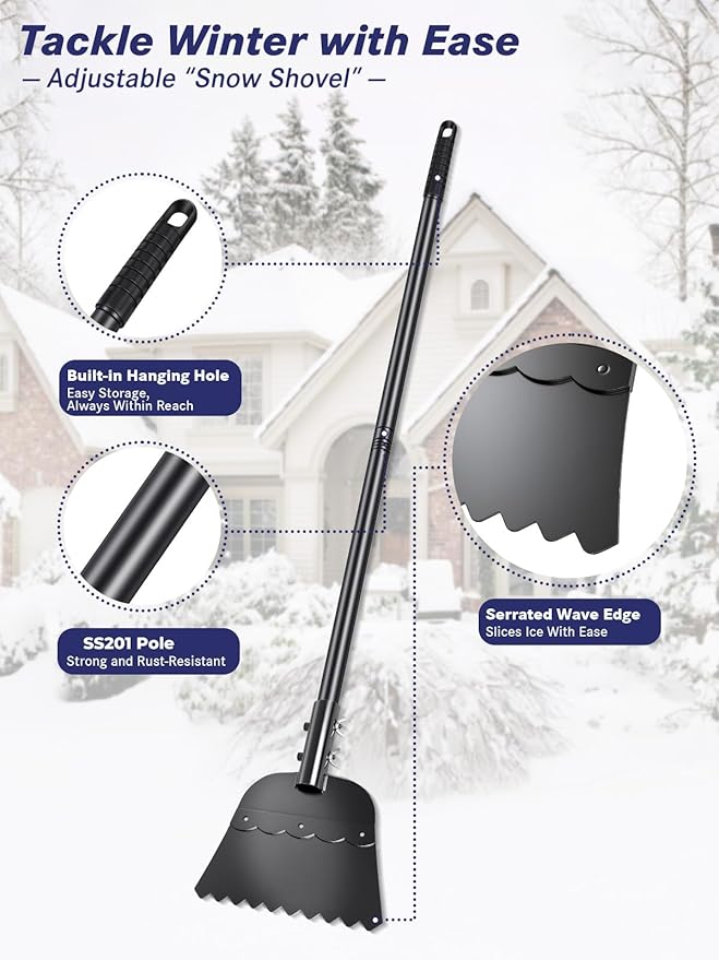 Wavy Blade Ice Scraper with Long Handle 57" Adjustable Snow Shovel Ice Chopper Weed Remover Tool for Gardening Driveway Floor Scraper & Root Cutter Digging Shovel Multifunctional Cleaning Garden Tool