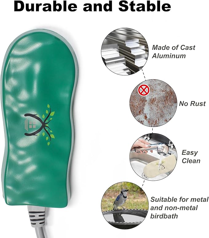 Birdbath Deicer Heater for Outdoors in Winter, Deicer for Birdbaths with Thermostatically Controlled, Made of Heavy Duty Premium Cast Aluminum, Perfect for Patio Yard and Lawn, 50 Watts, Green