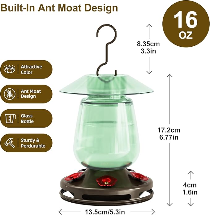 Auslar 16 Ounces Glass Hummingbird Feeders for Outdoors Hanging, Green Hummingbird Feeder with 5 Flower Feeding Ports & Built-in Ant Moat, Rustproof, Leakproof, Barn Lantern Shape