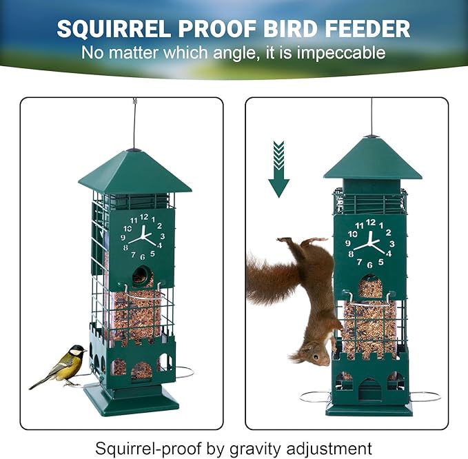 Squirrel Proof Bird Feeders Metal Mesh Anti Squirrel Wild Bird Feeder for Outdoors Hanging Weight Activated Waterproof for Finch Cardinal and Chickadee Easy to Fill, Decor Backyard (Green)