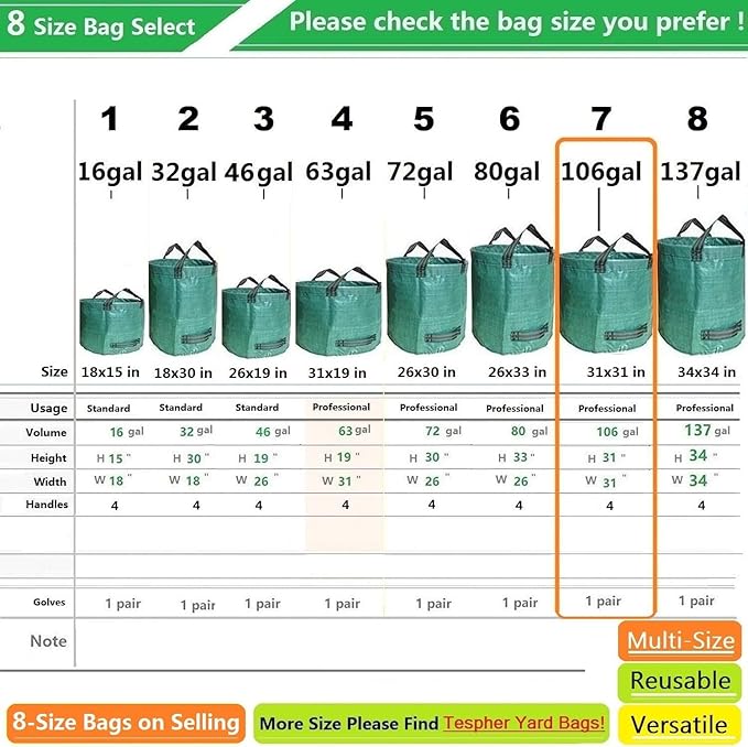 Professional 2-Pack 106 Gallon Large Lawn Garden Bags (D31, H31 inch) Yard Waste Bags W/Gardening Gloves, Big Leaf Bag,Yard Debris Bags,Garden Trash Container,Lawn Grass Clippings,Weeds Bag 4 Handles