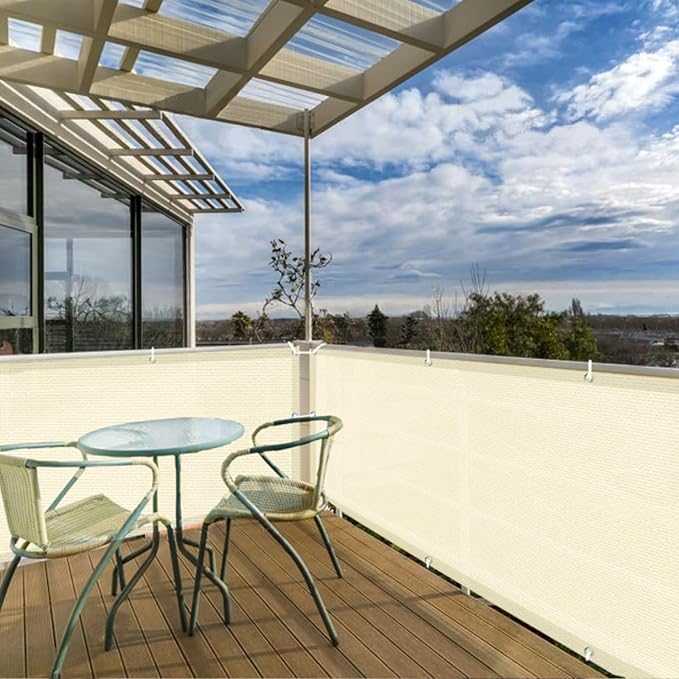 SUNLAX 3'x10' Butter Cream Balcony Privacy Screen Fence Windscreen Cover Fabric Shade Netting Mesh Cloth with Grommets UV Protection for Patio, Backyard, Porch, Railing Shield 90%