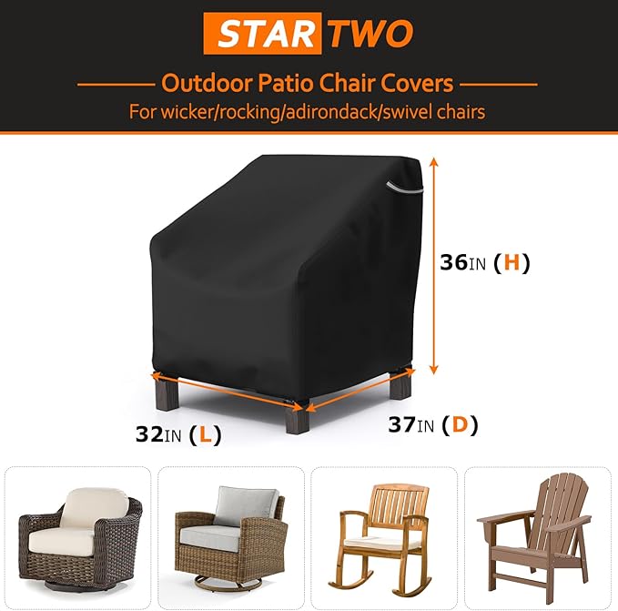 STARTWO Patio Outdoor Chair Covers 2 Pack, Outdoor Furniture Covers Waterproof adapter for Lawn Lounge Seat, Wicker, Swivel, Adirondack, Rocking Chairs, 32" Lx 37" W x 36" H inch, Black