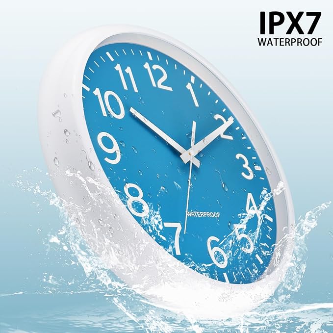 Caysie 16 Inch Sealed Large Outdoor Clock Waterproof, Silent Battery Operated Weatherproof Wall Clocks for Pool Patio Outside Home (White Blue)