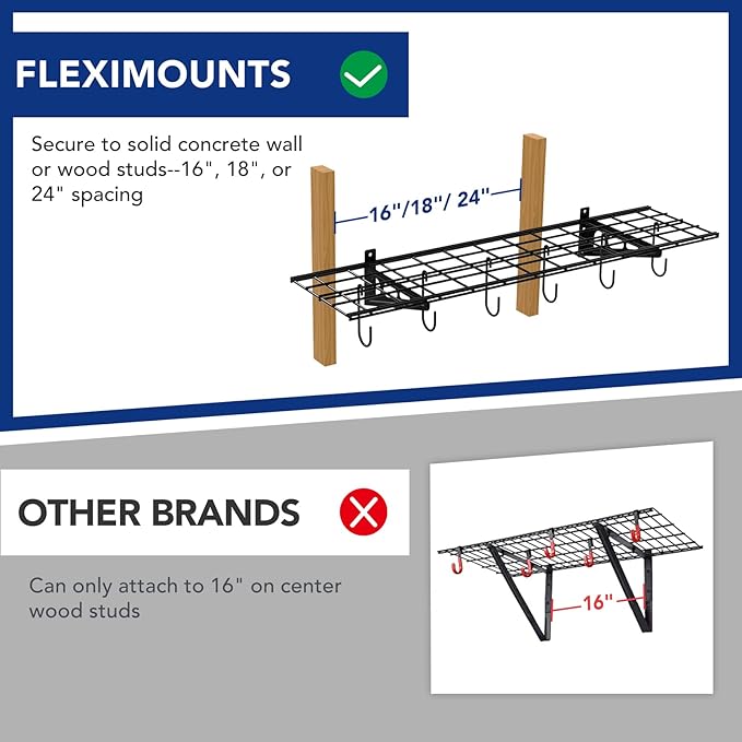 FLEXIMOUNTS Garage Wall Shelving, 1x4 ft, Includes 6 Bike Hooks, Wall Shelf Garage Organization System w/Bike Hangers, Storage Rack, Floating Shelves, 150 lbs Weight Capacity (1 Pack)