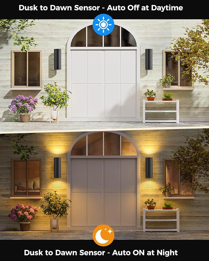 SHIMR Dusk to Dawn Outdoor Lighting 2 Pack, Modern Exterior Light Fixture Wall Mount ETL Listed, Aluminum Waterproof Black Up and Down Outside Lights for House Porch Garage, LED Bulbs Include