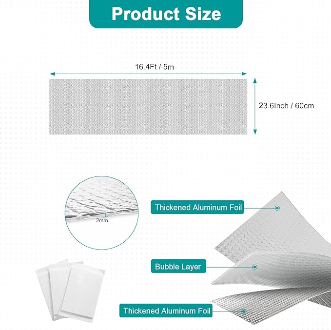 Reflective Insulation Roll 23.6 in X 16.4 FT, Window Insulation for Summer Heat, Double Side Aluminum Foil Bubble Shield for Windows, Roof, Garage Door
