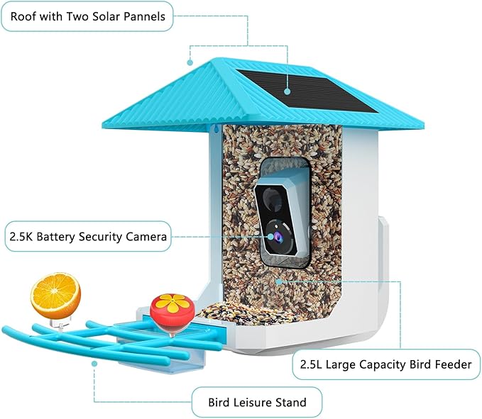 2.5K Smart Bird Feeder with Camera, 5GHz &2.4GHz Birds Watching Camera with AI Identify Bird Species, Outdoor Birds Feeder House with Solar Panel for BirdLovers (Blue)