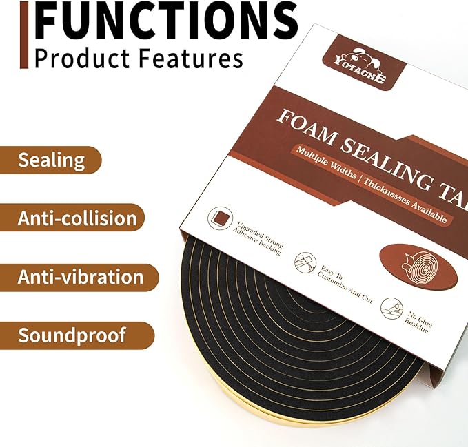 Yotache High Density Adhesive Foam Seal Tape 2 Rolls 2" W X 1/4" T, (New Adhesive Craft) Weather Strip Insulation for RV, Air Conditioning Window, Garage Door, Total 13 Ft Length