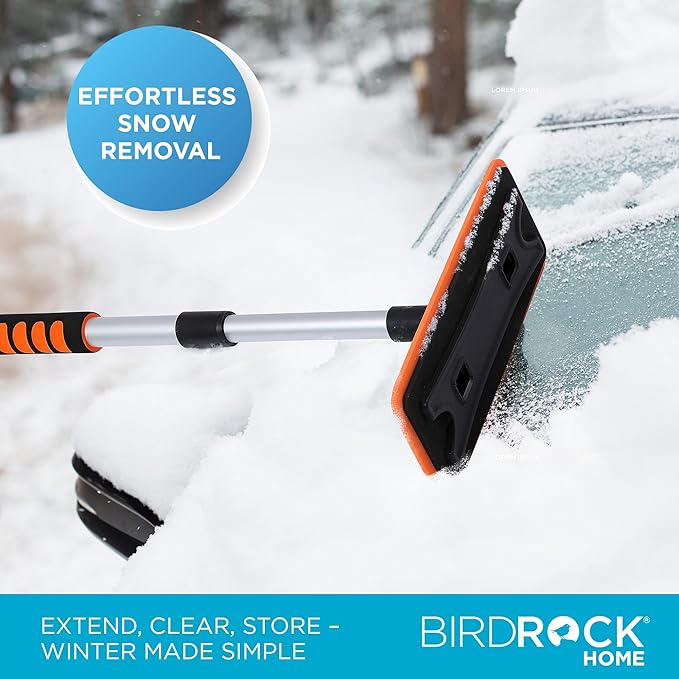 BIRDROCK HOME 36" Extendable Snow Pusher Brush & Detachable Ice Scraper for Cars | Aluminum Grip for Car, Truck, SUV | Safe on Auto Windshield & Windows | Wide Frost Remover for Semi & Small Vehicles