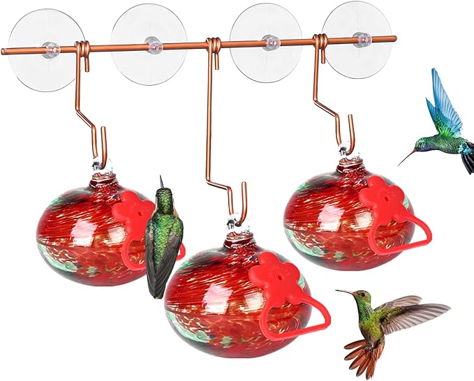 Window Hummingbird Feeder with Suction Cups,Hand-Blown Glass Hummingbird Feeders for Outdoors Window Mounted with Metal Hook,Close Bird Watching,Finch in Garden,Yard(Red)