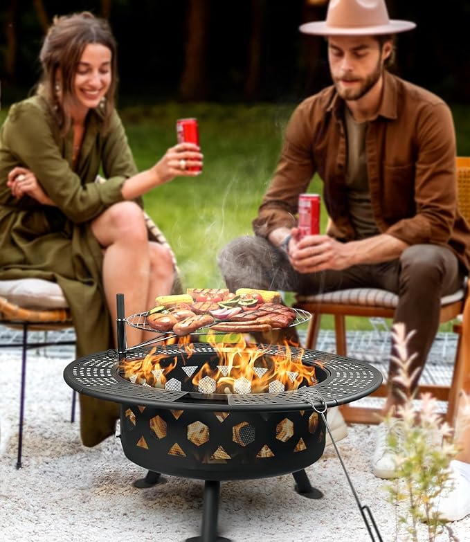 Bettermade 32 Inch 2 in 1 Large Camping Fire Pits for Outside with Cooking Grill and Fire Poker, Outdoor Fire Pit, Wood Burning Firepit for BBQ, Warm up, Patio, Bonfire, Camping, Picnic