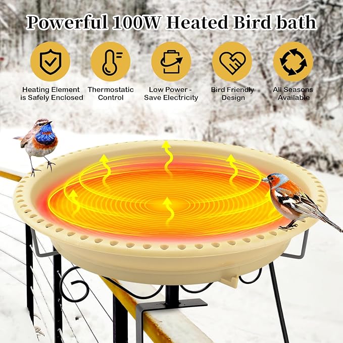 Lovppy Heated Bird Baths for Outdoors for Winter, 100W Heated Birdbath Water Heater with Thermostatically Controlled, Heated Bird Bath for Deck Railing Outside Garden Patio Yard (Khaki)
