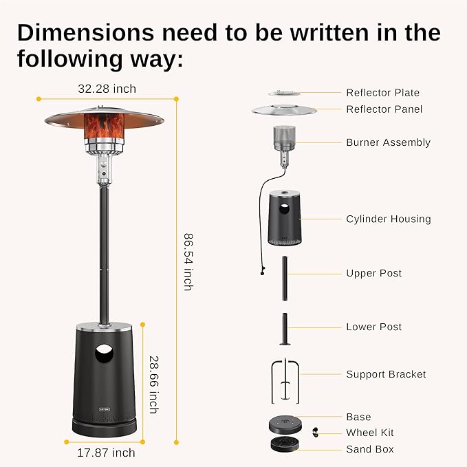 EAST OAK 55,000 BTU Patio Heater with Sand Box, Table Design, Thicker Stainless Steel Burner, Wheels, Triple Protection System, Propane Outdoor Heater for Home and Residential, Commercial Grade, Black