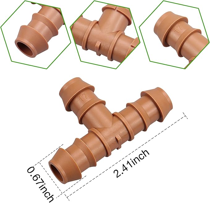 20-Pack Drip Irrigation Barbed Tee Fittings, Fits of 1/2”, 17mm .600” ID Drip Tubing