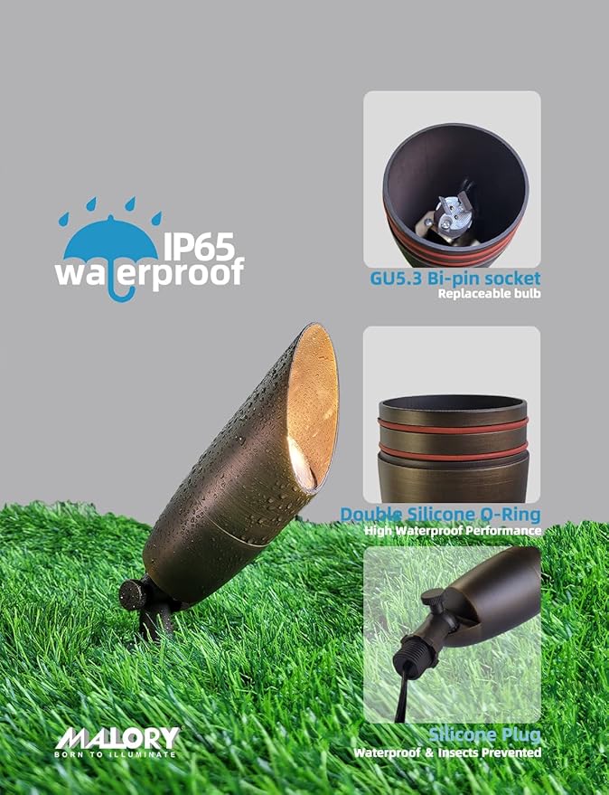 MALORY Solid Brass Landscape Spotlight 6-Pack with Bulb(S06), Low Voltage Front and Backyard Landscape Lighting with Large Rugged Slot Spike & Wire Connector,12V AC/DC Garden Patio Spot Up Light