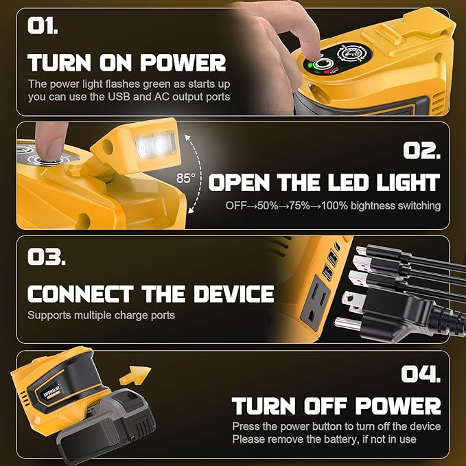 200W Power Inverter Compatible with Dewalt, DC 20V to AC 110-120V Battery Inverter, Portable Power Station Generator, Charger Adapter Battery Powered Outlet with 2 USB Ports & 1 Type-C & 1 AC Outlet