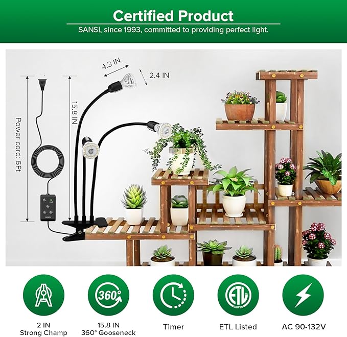 SANSI LED Grow Lights for Indoor Plants, Lifetime Free Bulb Replacement, 450W Full Spectrum 3-Gooseneck Clip Plant Grow Light, Plant Light with Timer 4/8/12 Hrs, High PPFD Growing Power Grow Lamp