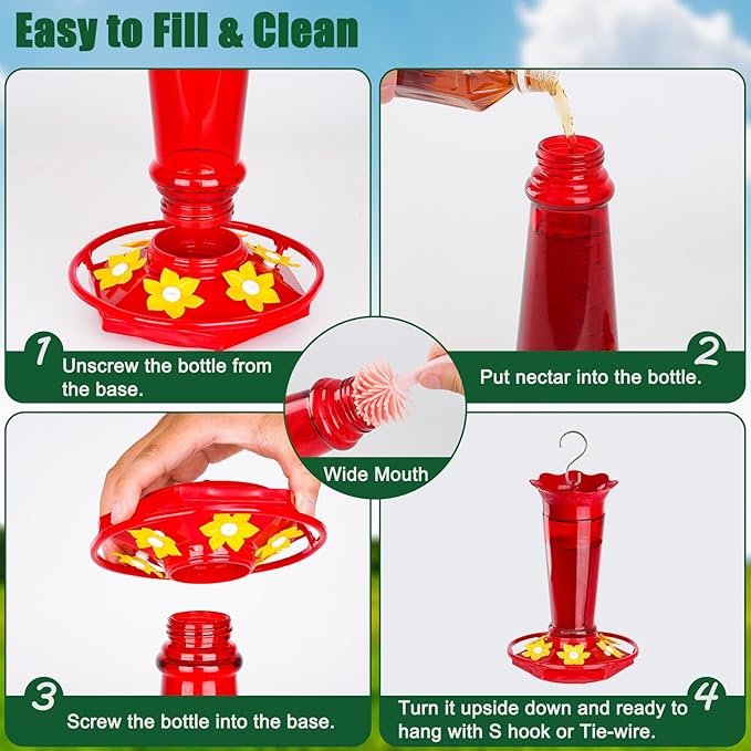 10 OZ Glass Hummingbird Feeders for Outdoors Hanging - Red 2 Pack, Ant & Bee Proof and 6 Feeding Ports, Garden Yard Dรฉcor Gifts for Mom