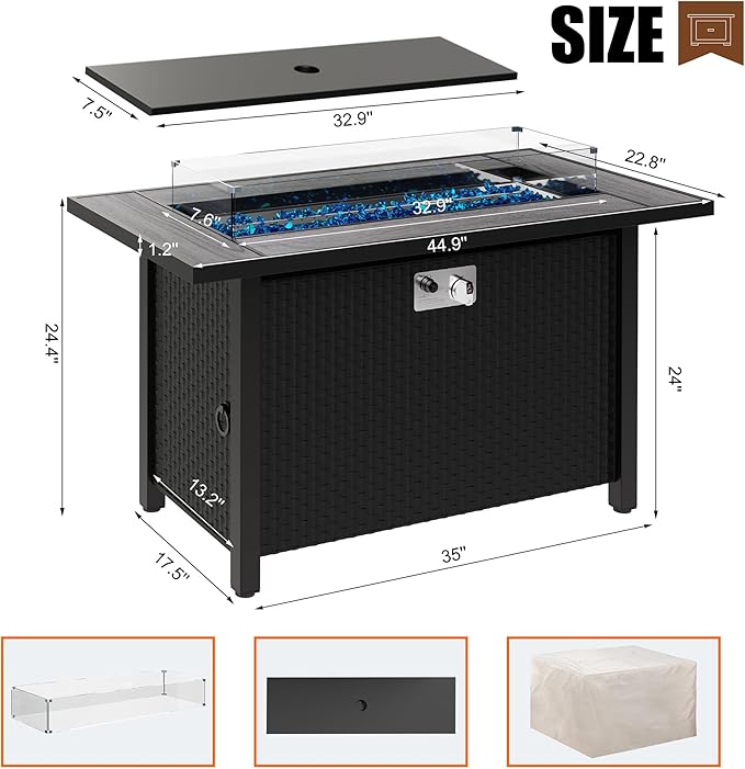 45 inch Outdoor Propane Fire Pit 50,000 BTU Gas Fire Pit Table with Lid, Glass Wind Guard, Waterproof Cover, Rectangle Gas Firepit Table for Garden/Patio, CSA Certification