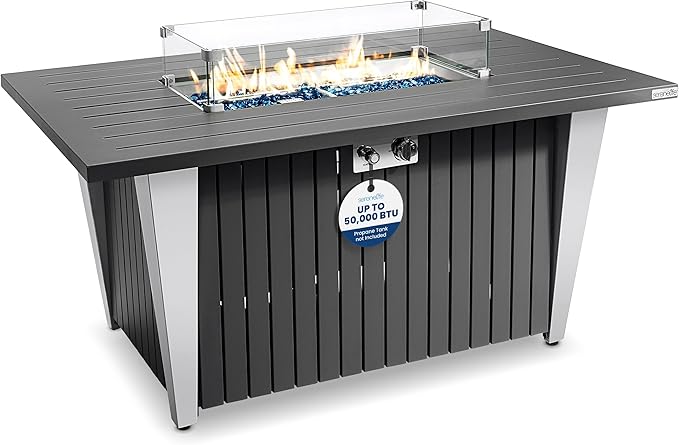 Outdoor Propane Fire Pit Table - CSA/ETL Certified 50,000 BTU Pulse Ignition Weatherproof Rectangle Propane Gas Fire Table w/Adjustable Flame - Glass Wind Guard, Glass Rocks - SereneLife SLNFLGA5