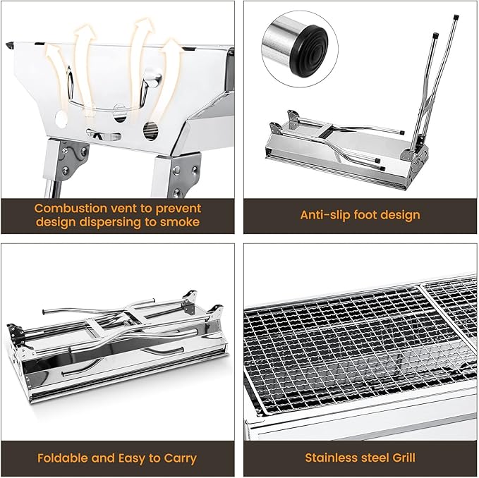 Uten Portable Charcoal Grill, Stainless Steel Folding BBQ Grill and Smoker, Barbecue Grill for Outdoor Cooking Camping Hiking Picnics Garden Beach Party BBQ Tools (Large)