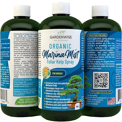 Organic Marina Mist Foliar Spray for All Live Indoor and Outdoor Bonsai Tree Plants | Micro Nutrients for Vital Bonsai Health | Gentle Formula | Liquid Plant Food | Quick Results (16 oz)