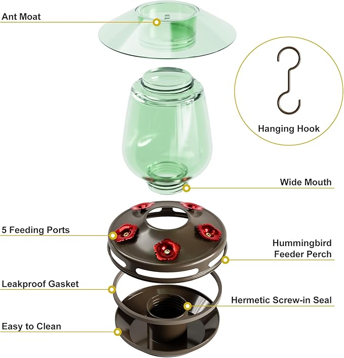 Auslar 16 Ounces Glass Hummingbird Feeders for Outdoors Hanging, Green Hummingbird Feeder with 5 Flower Feeding Ports & Built-in Ant Moat, Rustproof, Leakproof, Barn Lantern Shape