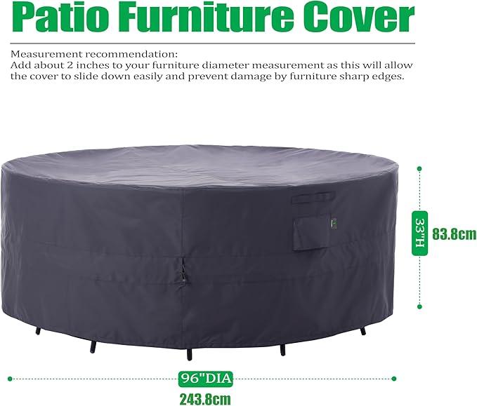 F&J Outdoors Patio Furniture Covers, Heavy Duty Tear Resistant Waterproof UV Resistant Windproof Outdoor Furniture Cover, Grey, 96" Dia x 33" H