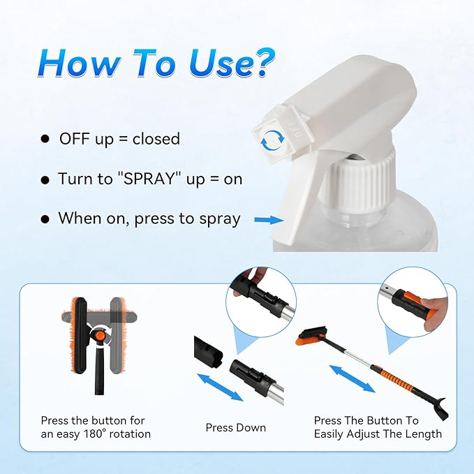 6-in-1 Car Snow Removal Kit with Windshield De-Icer | 40" Extendable Snow Brush & Ice Scraper, Detachable Snow Shovel, 180ยฐ Rotating Head, Foam Grip | Winter Windshield Cleaner for Cars, Trucks & SUVs