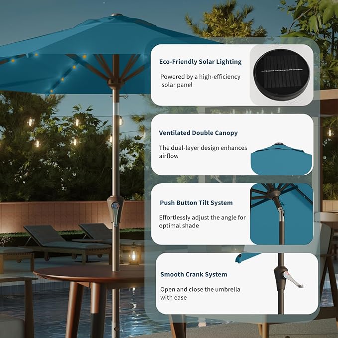10FT Solar Umbrella 32 LED Lighted Patio Umbrella Table Market Umbrella w/Tilt and Crank, UV-Resistant Outdoor Umbrella for Pool, Garden, Deck, Lake Blue