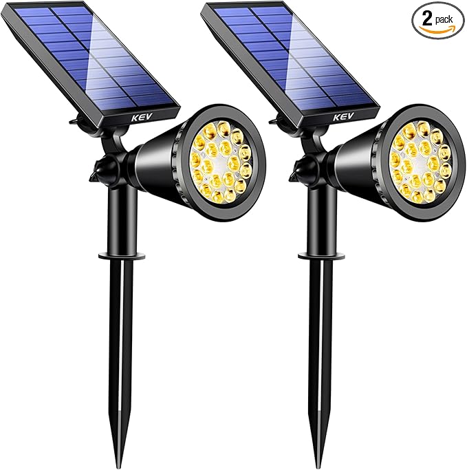 KEV 800 Lumens Solar Spot Lights Outdoor,18 LEDs Solar Flood Lights with 2 Modes &Adjustable &IPX65 Waterproof,Solar Spotlight for Driveway/Backyard/Patio Landscape/Tree/Garage(Warm White,2 Pack)