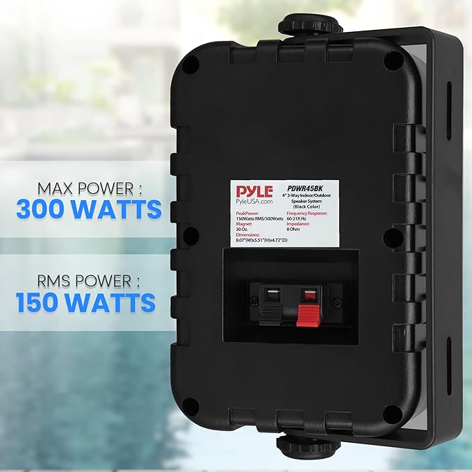 Pyle Indoor Outdoor Speakers Pair - 300 Watt Dual Waterproof 4” 2-Way Full Range Speaker System w/ 1/2” High Compliance Polymer Tweeter - in-Home, Boat, Marine, Deck, Patio, Poolside - PDWR45BK