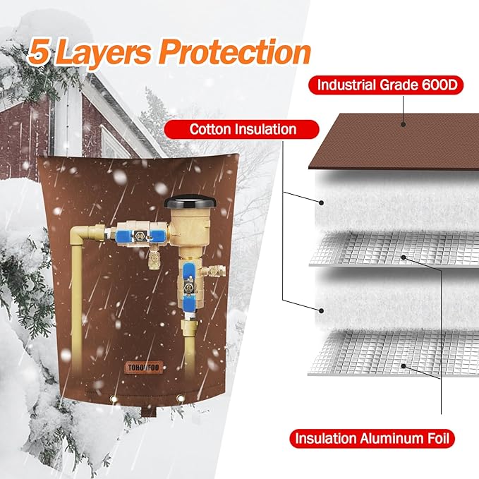 TOHONFOO Backflow Preventer Pipe Insulation Cover (5°F) - Irrigation Sprinkler Valve Insulated Pouch - Water Well Pump Cover - Sturdy 5 Layers for Winter Freeze Protection, 16" W x 20" H, Brown