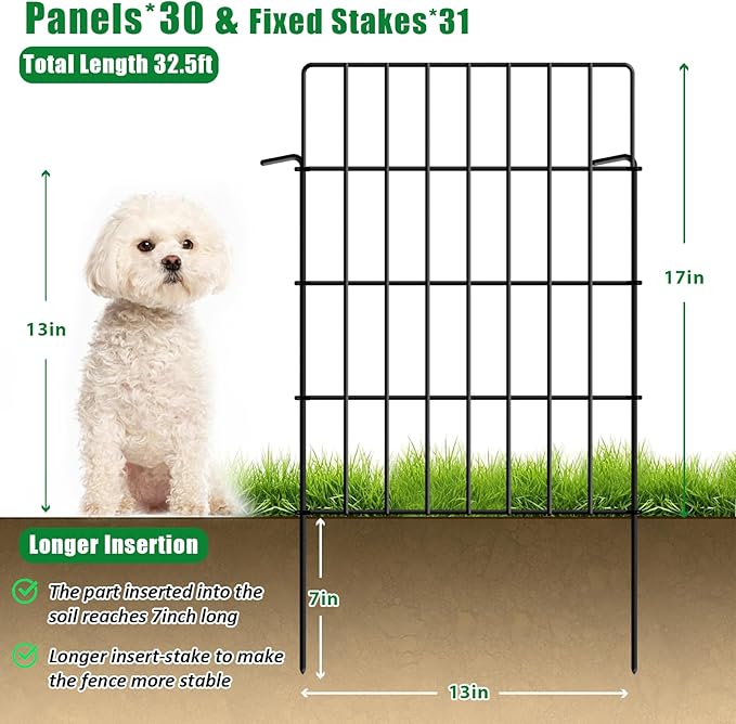 30 Pack Decorative Garden Fence Total 32.5ft (L) x 24in High 1.44" Gap Metal Wire Rustproof Small Animal Barrier Fence Easy Assembly Patio Yard Seedlings Protection Fencing Border Black