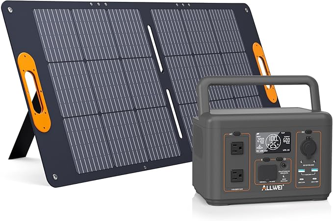 ALLWEI 500W Solar Generator with 100W Solar Panel, 512Wh LiFePO4 Portable Power Station with AC Outlets(1000W Surge), Battery Generator for RVs Outdoor Camping CPAP Home Backup Power Outage