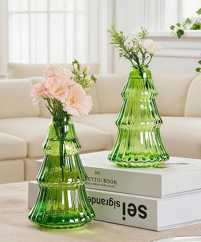 Nacome 2Pcs Tree-Shaped Glass Plant Terrarium,Planter Propagation Station Christmas Tree Decorations for Hydroponics Home Office, Unique Gifts for Plant Lovers Women Mom(Green)