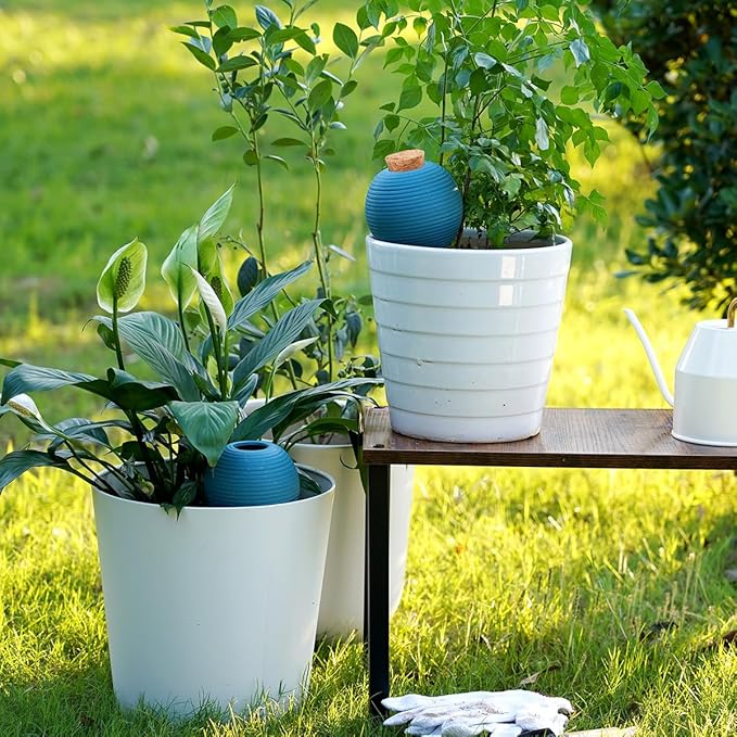 Plant Watering Globes Set of 4, 14oz Terracotta Self-Watering Globes for PottedPlants, Watering Planter Insert Bulbs with Cork Stoppers, Automatic Watering Spikes for Indoor&Outdoor Plants, Blue