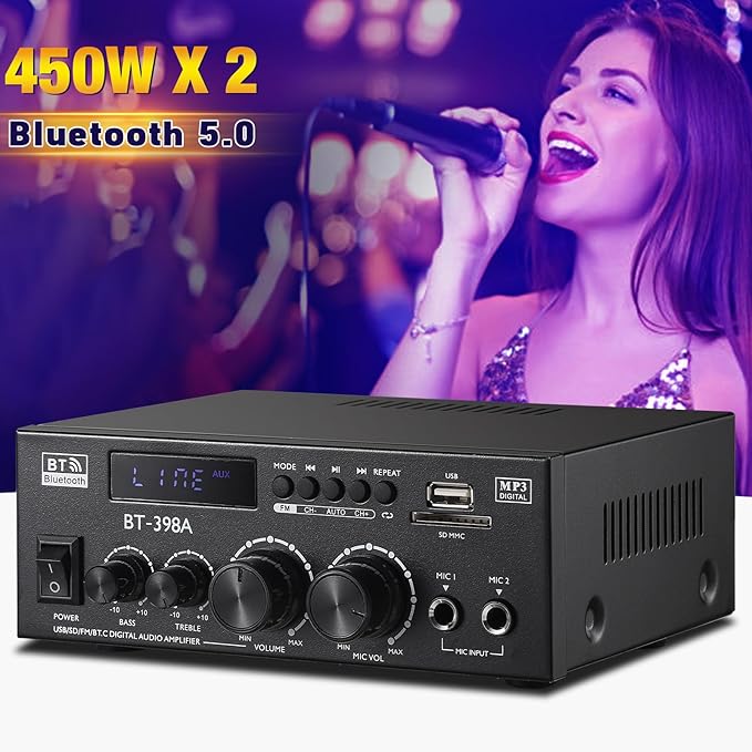 Facmogu BT-398A Stereo Digital Audio Amplifier, Max 450Wx2 HiFi Sound Audio Power Amplifier System, 2.0 Channel Receiver Amp for Home Theater Garage w/Fiber/Copper Jack, USB/SD/AUX/RCA/MIC in w/Echo