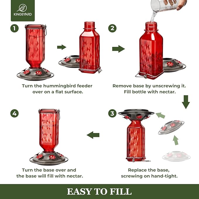 Kingsyard Glass Hummingbird Feeder for Outdoor Hanging, 24 Ounces, 6 Feeding Ports, Bird Nectar Feeder for Garden Décor, Ant Moat Included, Red