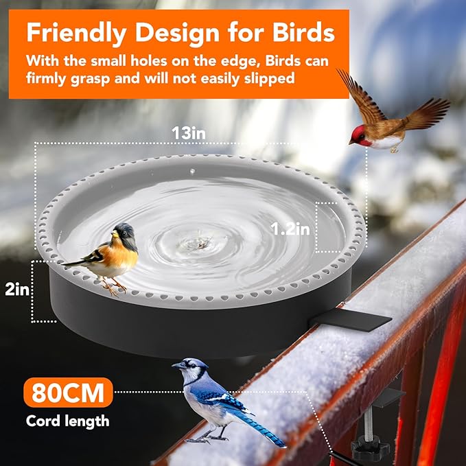 2 in 1 Heated Bird Bath for Outdoors for Winter,100W Bird Bath Heater with Thermostatically Controlled,Heated Bird Bath for Deck Railing for All Seasons Outdoor Garden Yard Patio Lawn(Grey)