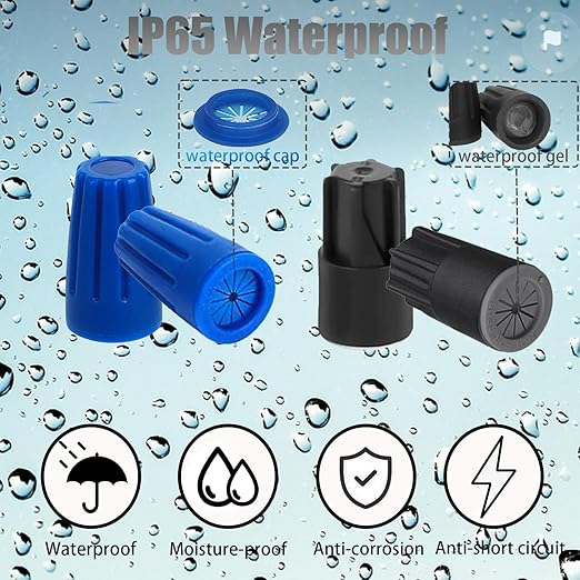 30PCS Waterproof Wire Electrical Connectors 22AWG-12AWG, Outdoor Seal Electrical Twist Nuts Caps Cable Terminal Connector for Landscape Light, Irrigation Valves, Wet Location Installation, Black&Blue
