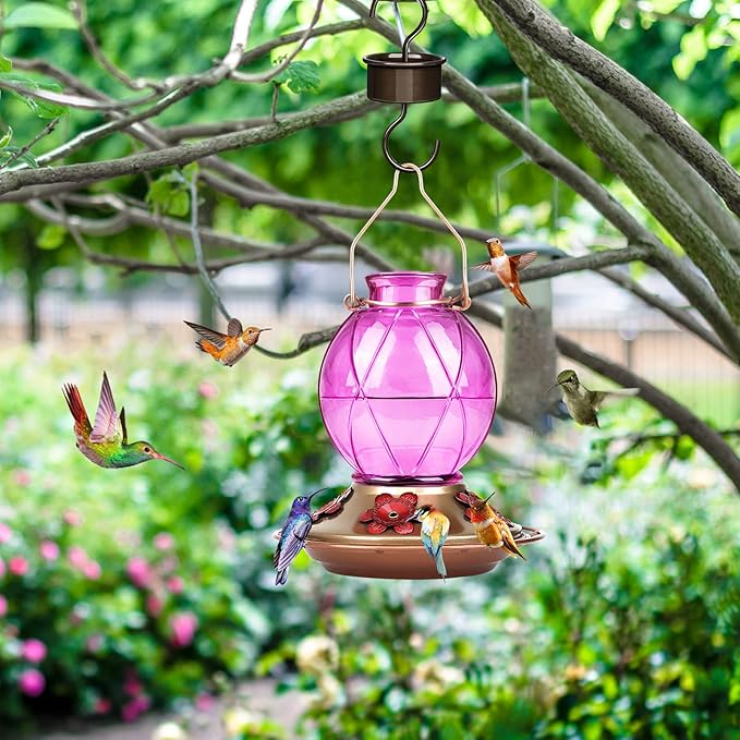 BOLITE Hummingbird Feeder, Glass Hummingbird Feeder for Outdoors, Netted Texture Ball Shape Bottle, 20 Ounces, Lavender, Birthday Gifts for Women Men, Gifts for Mom Dad