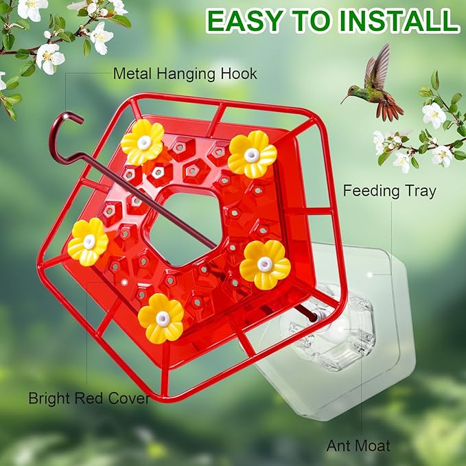 WINTS 25 Feeder Ports Hummingbird Feeder for Outdoors Hanging 10 OZ Plastic Hummingbird Feeders with Perch Built-in Ant Moat for Garden Patio Lawn Window Decor Gifts for Women Mom,Red