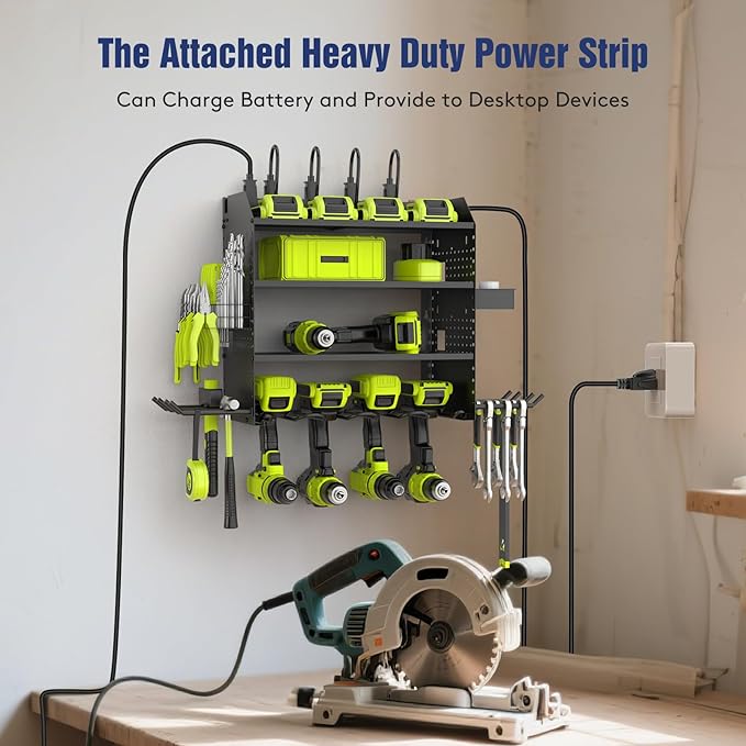 Heavy Duty Power Tool Organizer Wall Mount with Charging Station, 4 Layer Garage Storage Adjustable Shelves Height, Holds 4 Drills, 2 Hooks, Screw & Screwdriver box, Gifts for Fathers Day, Anniversary