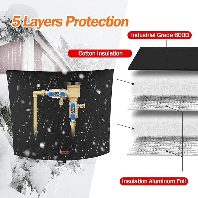 Backflow Preventer Pipe Insulation Cover (5°F) - Irrigation Sprinkler Valve Insulated Pouch - Water Well Pump Cover - Sturdy 5 Layers for Winter Freeze Protection, 36" W x 30" H, Black