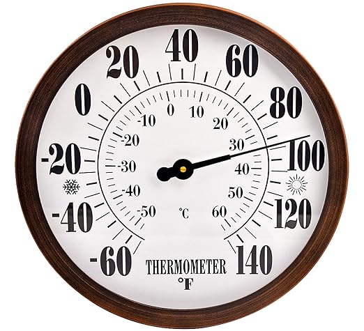 12'' Indoor Outdoor Thermometer Large Numbers, Hanging Decorative Wall Thermometer with Stainless Steel Enclosure, No Battery Needed Weather Thermometers for Patio, Home, Garden Decoration (Bronze)