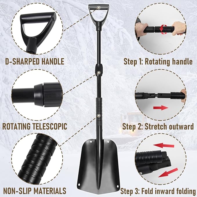 40" Folding Emergency Snow Shovel for Car, Black Aluminum Multi-purpose Shovel with Comfortable D-Grip Handle
